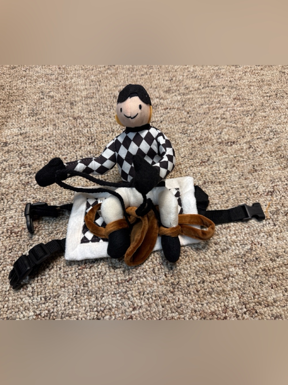 Pet costume horse jockey with adjustable straps